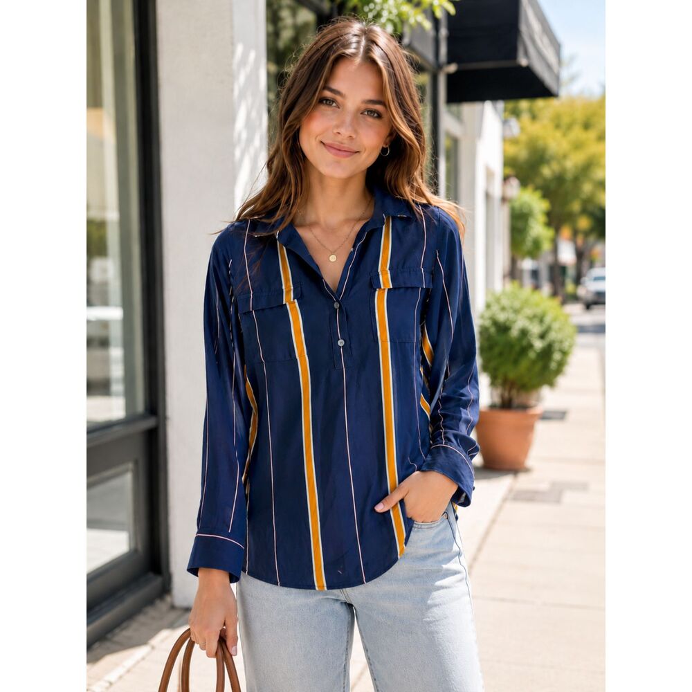 Ann Taylor Factory Petite Navy & Gold Vertical Stripe Collared Blouse XS